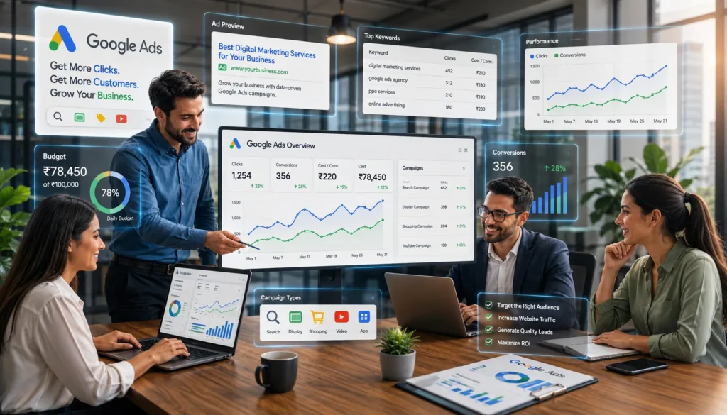 Google Ads dashboard with PPC performance metrics.