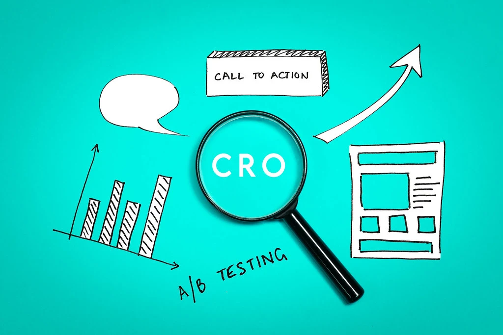 Conversion rate optimisation concept with A/B testing and call to action.